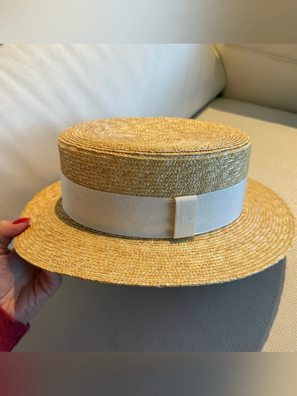 NEW Gucci Wide Brim Raffia Straw GG Ribbon White Hat XL 59 cm